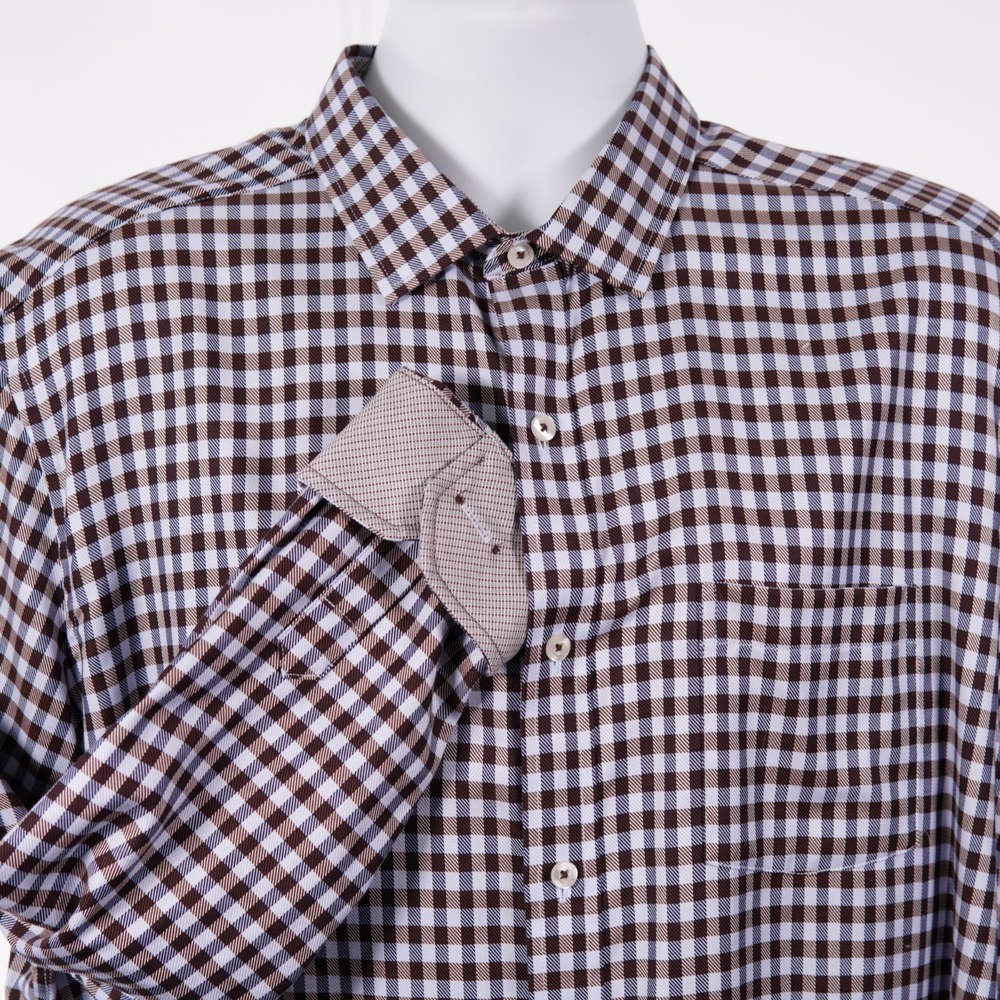 Johnston & Murphy Blue Brown Plaid Men's XL Flip Cuff Collared Dress Shirt